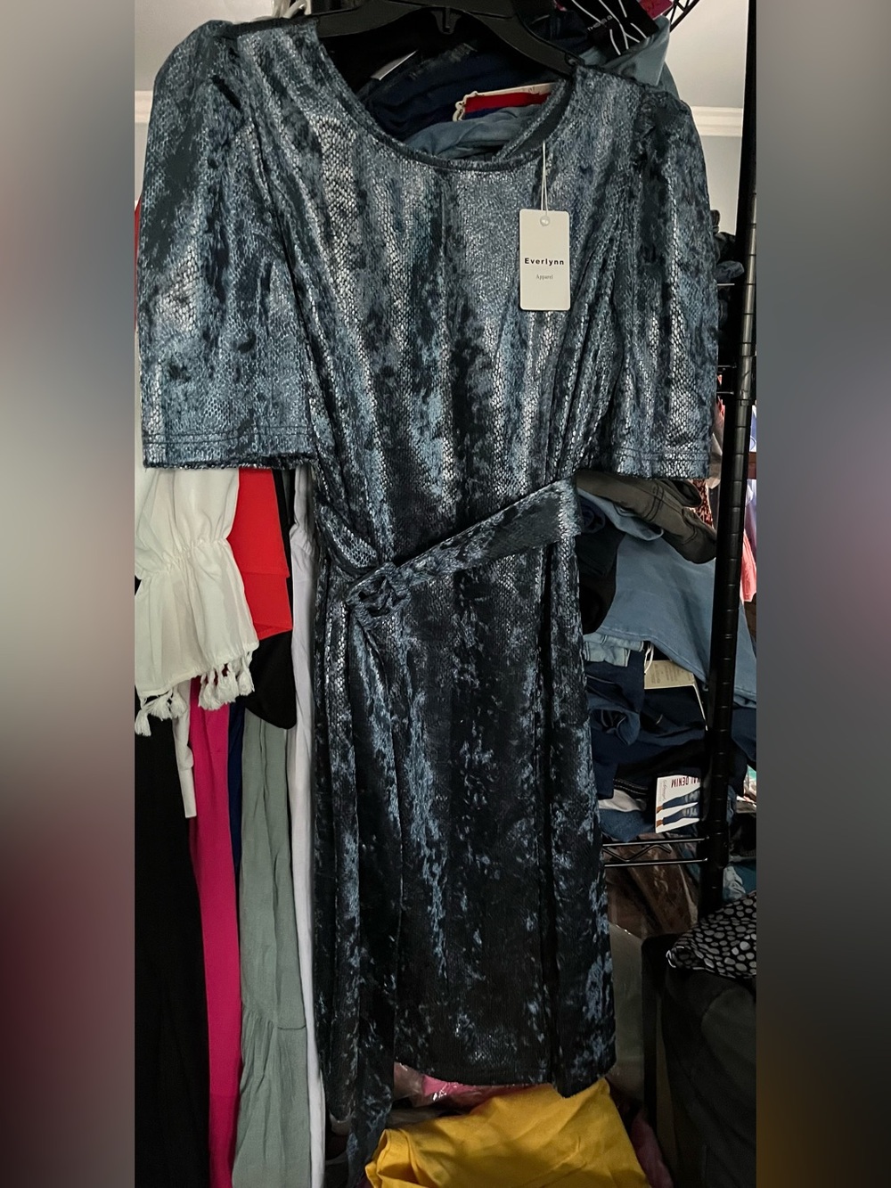 Short-Sleeve Shift Dress in Slate Blue